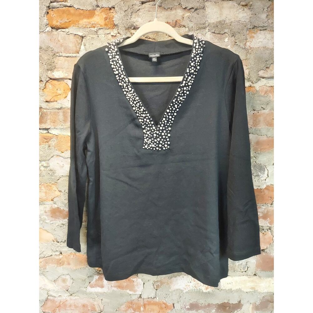 Rafaella Womens Tunic Top XL Black Pearl Embellished V Neck Long Sleeve